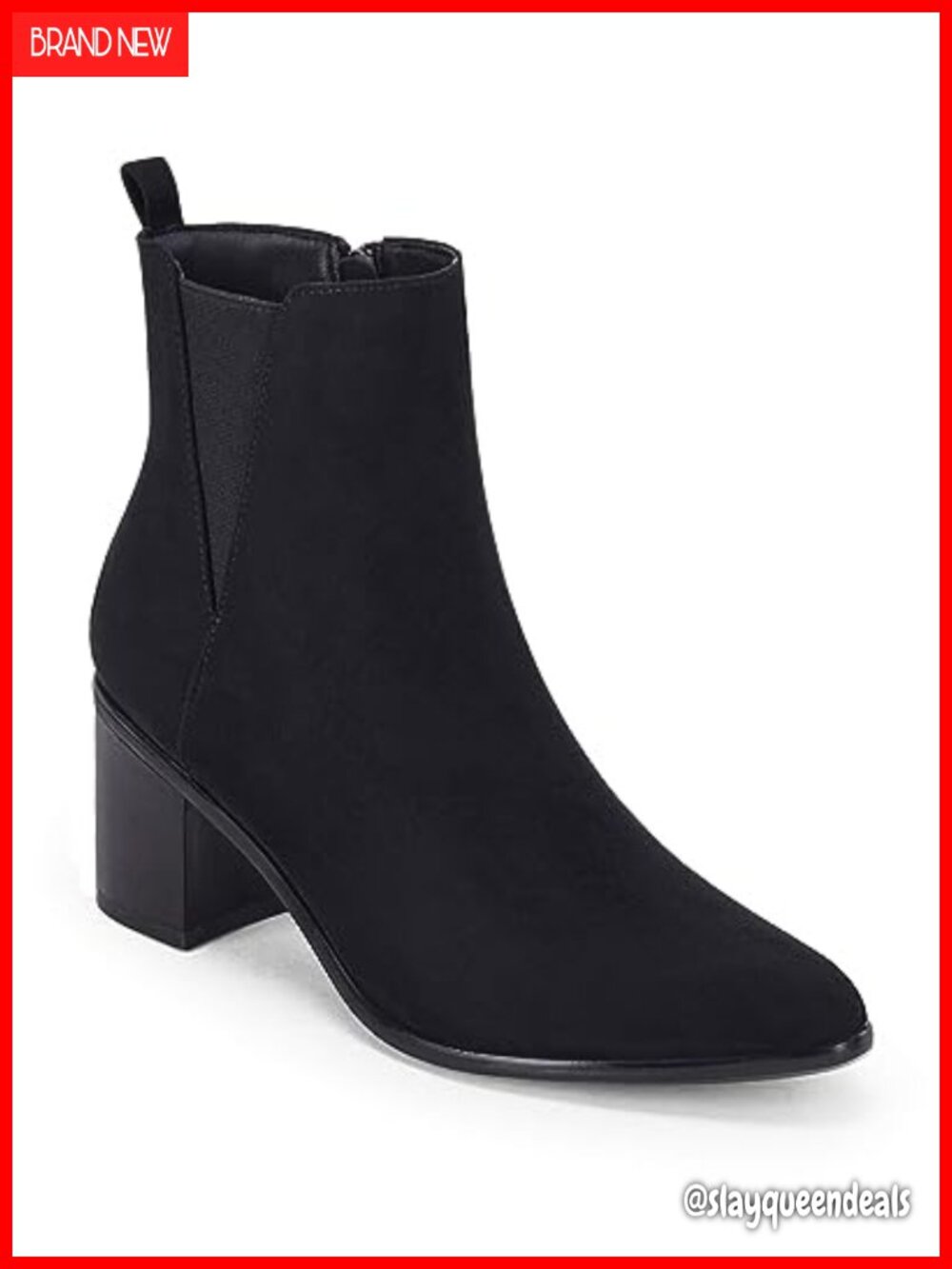 Suedette Pointed Toe Ankle Boots Chunky Block Stacked Heel Side Zipper Chelsea